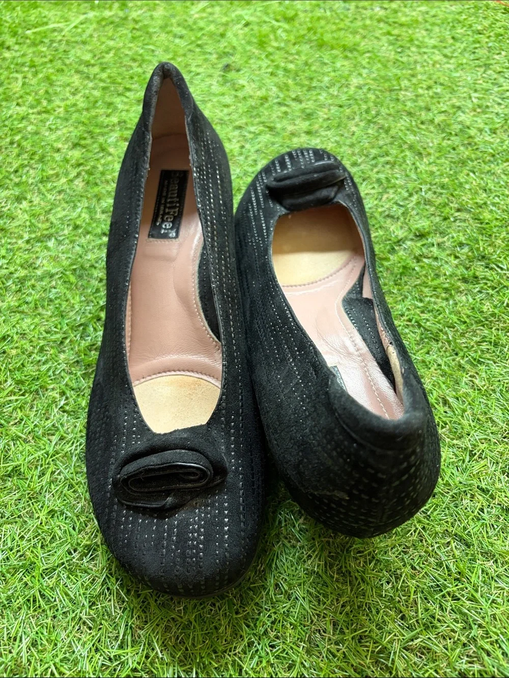 BeautiFeel Black Suede Flats with Rosette Accent